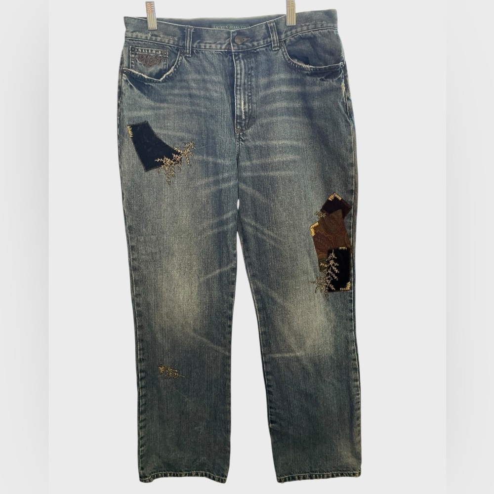 Lauren Ralph Lauren Patchwork Embroidered Jeans Women’s 10 Straight Leg - Picture 2 of 12